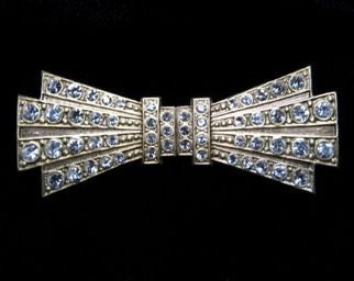 Vintage Art Deco Brass Bow Brooch Rhinestones