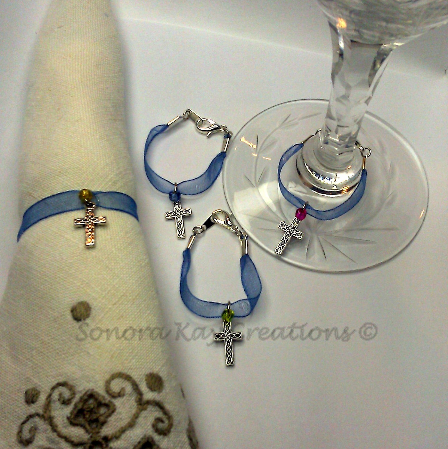 Blue Organza Ribbon Napkin Holders to Wine Charms
