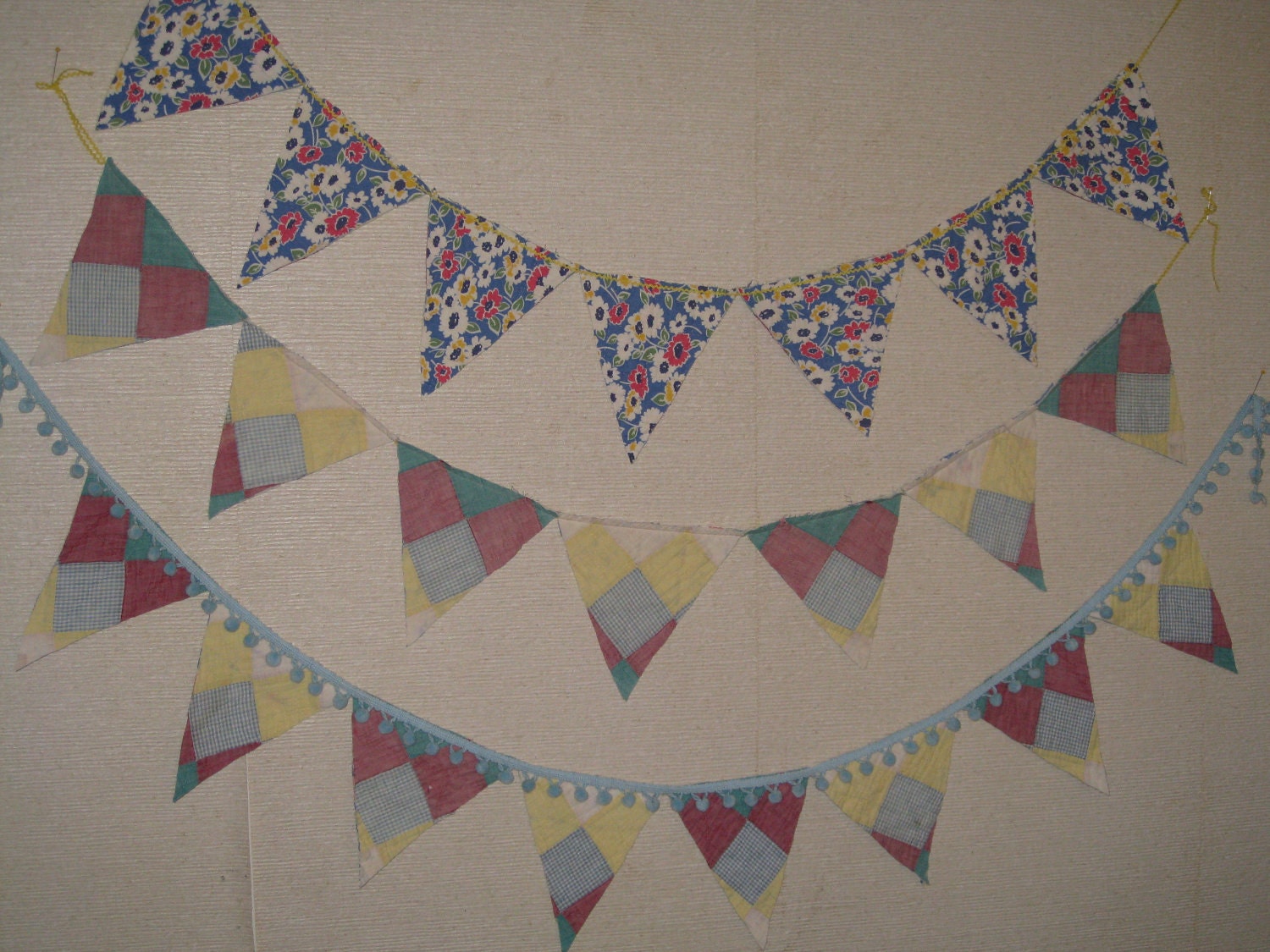 Pennant Banner Bunting Garland Vintage Quilt Spring Decor Floral Pastels Reversible
