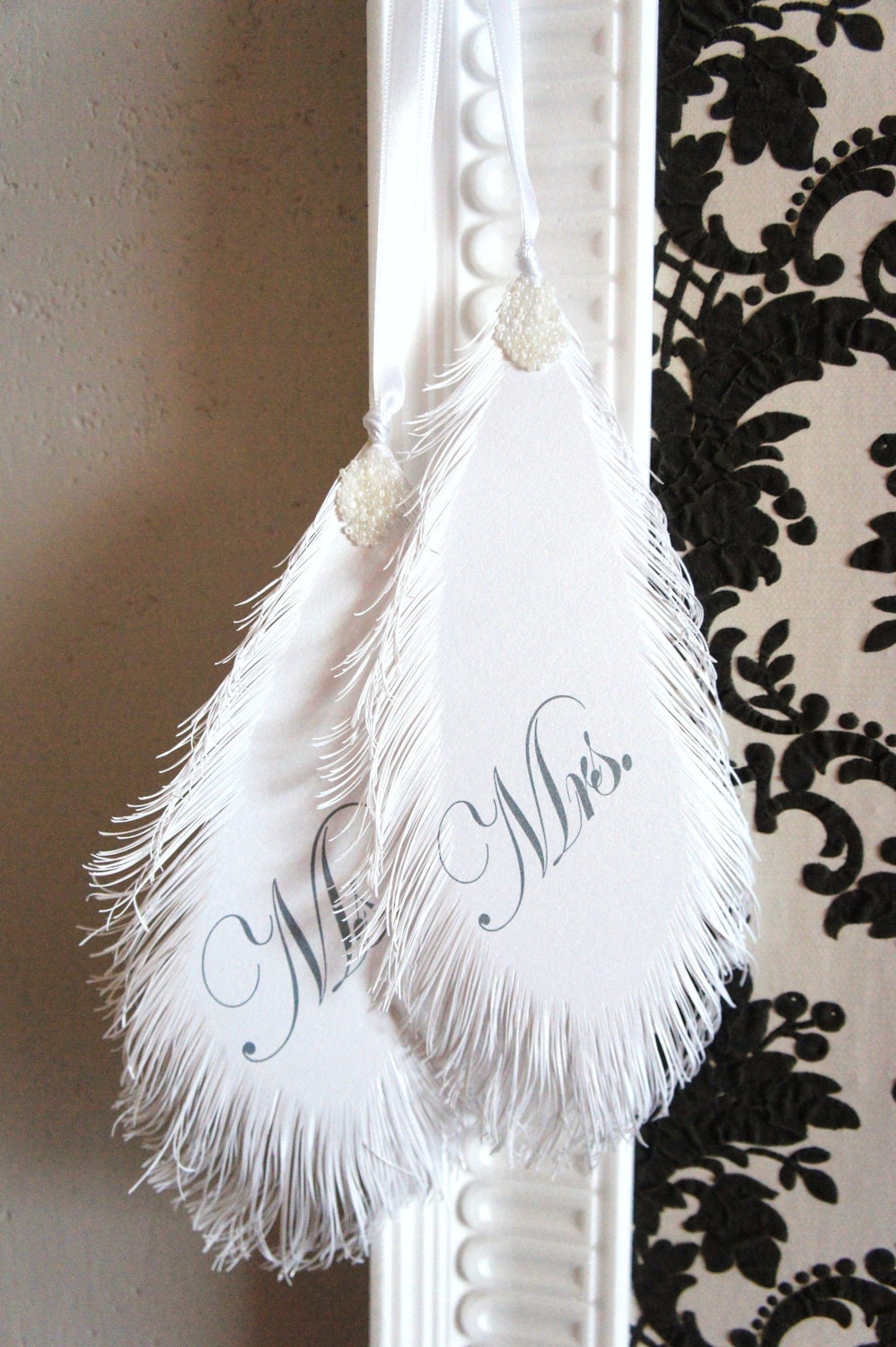 Mr & Mrs Wedding Signs FEATHER's in white
