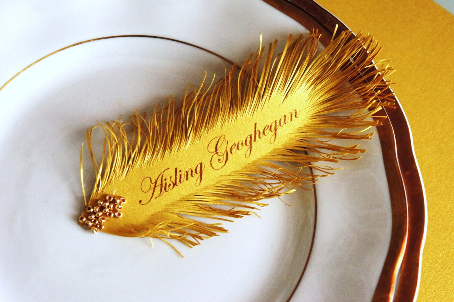 gold FEATHER Wedding place cards - HANDmade of iridescent gold paper, your guest Name Printing Included, Gold glass beads decor