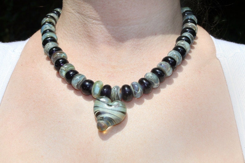 Mothers Day Necklace -  Glass Bead Necklace with heart pendant - Jewelry - Art - Lampwork - Earthtones - Green and Purple - Boro - gift