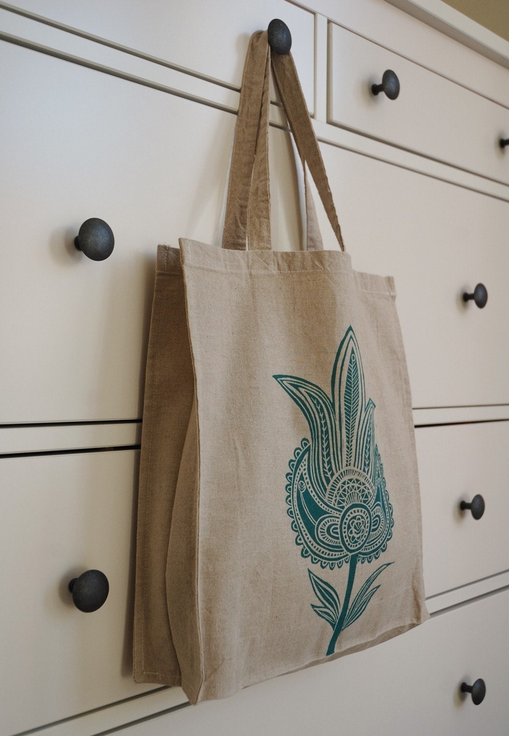 Block Printed Linen Bag with Turquoise motif