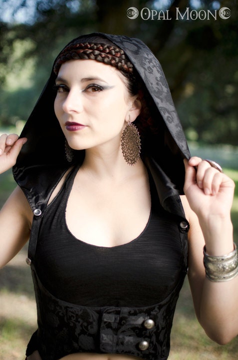 The Deco Lux Black Brocade Underbust Vest/Harness w/DETACHABLE Hood by Opal Moon Designs (Black Lining)