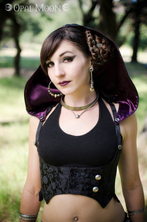 The Black & Purple Brocade Underbust Vest/Harness w/DETACHABLE Hood by Opal Moon Designs (Purple Lining) Size S or M