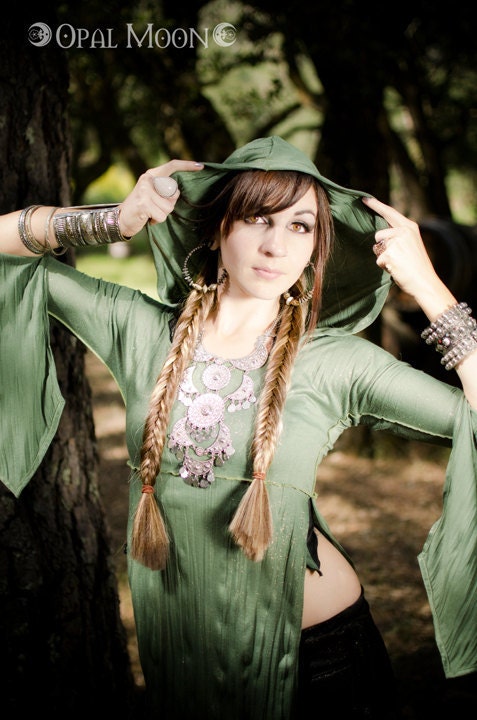 The MidSummer "Green Fairy" Hooded Tunic in Absinthe/Green Sparkle by Opal Moon Designs (Size S, M, XL)