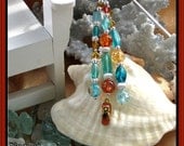 Key West Sunset Beaded BOOKMARK / Aqua Turquoise Green Tan Gold / Coral Flip Flop Charm
