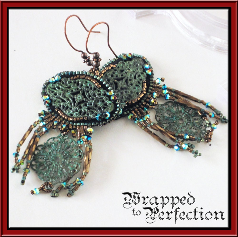 Bead Embroidered Earrings Antique Brass Bohemian BOHO Verdigris Metallic Iridescent Gypsy Fringe Ethnic Dangle Swarovski Seed Beads