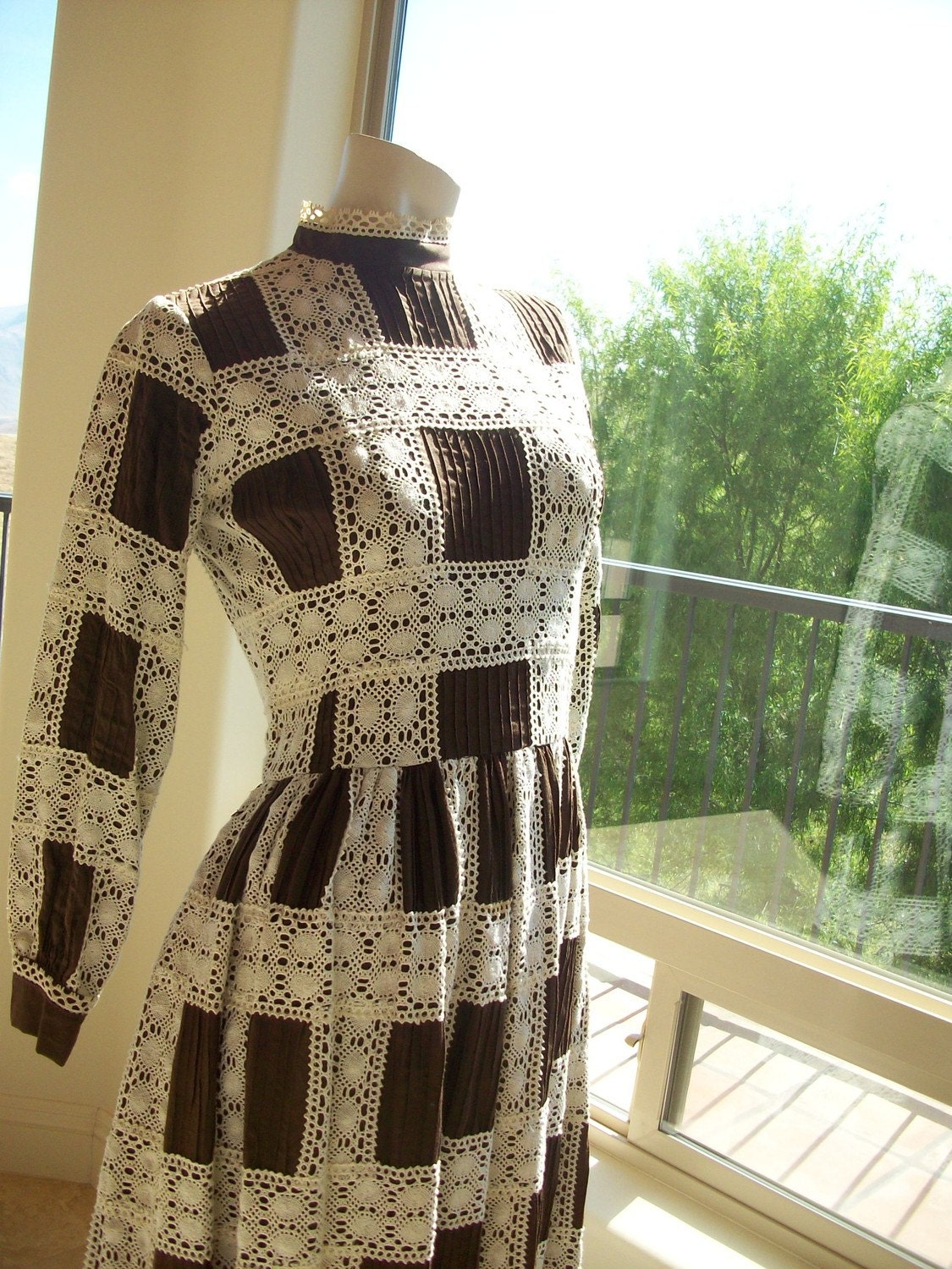 Vintage Mexican Pintuck Wedding Dress Chocolate Brown Crochet Lace