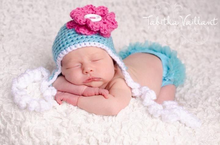 Crochet Curly-Q Ear Flap Beanie Hat with Flower & Button Embellishment Photography Prop