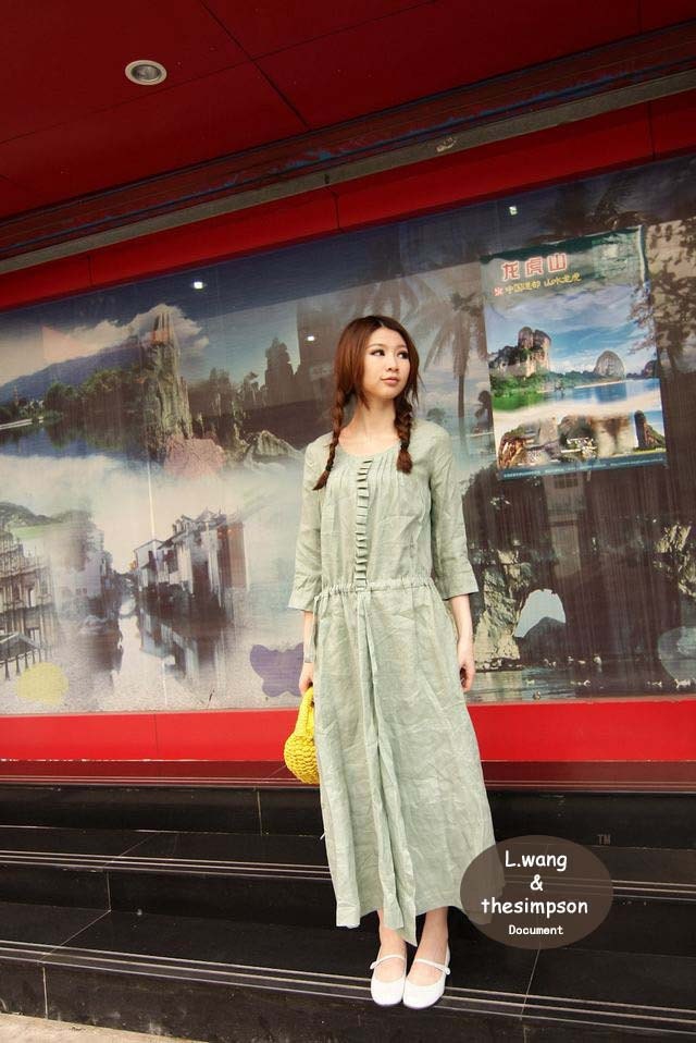 grass green linen long sleeve sundress(more colour and size choice)
