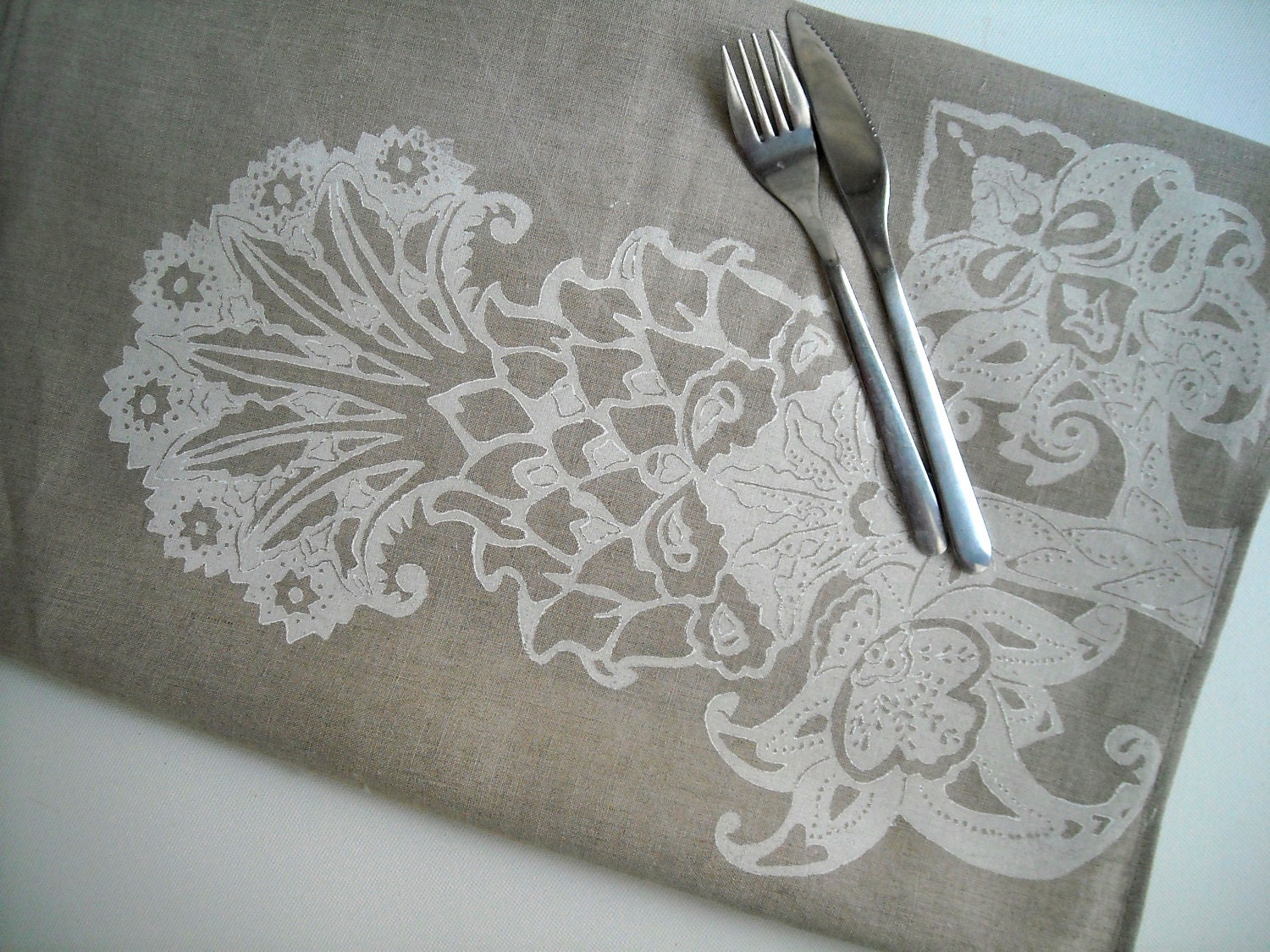 Linen Tea towel block printed Madagascar Pineapple chalk