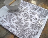 Linen Tea towel block printed Peacock toile de Jouy in Plum - papatotoro