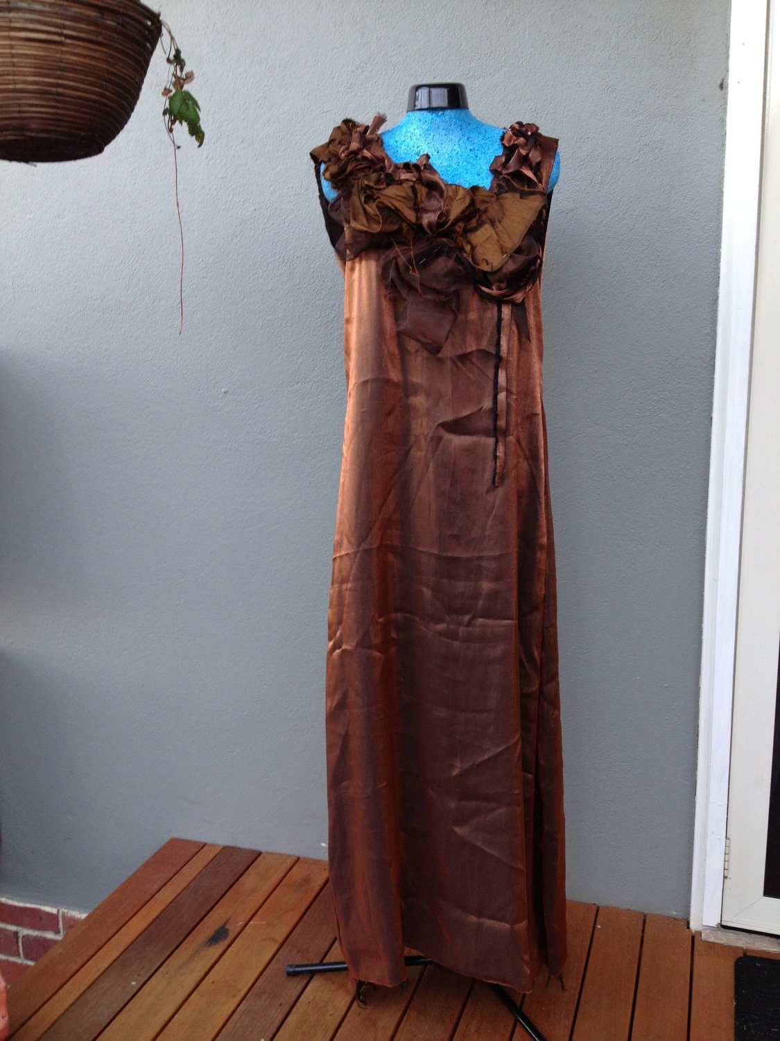 Autumn Leaves - Folded and Plaited Copper Maxi Dress. Brown silk and Jacquard Long dress. Long Brown rustic silk dress.