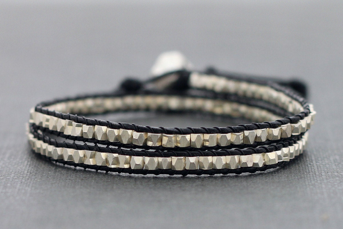 Faceted Silver Leather Wrap Bracelet