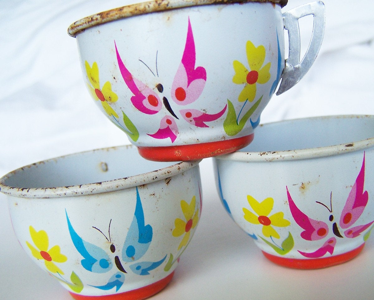 Vintage Tin Teacups Kids Toys Flowers Butterflies