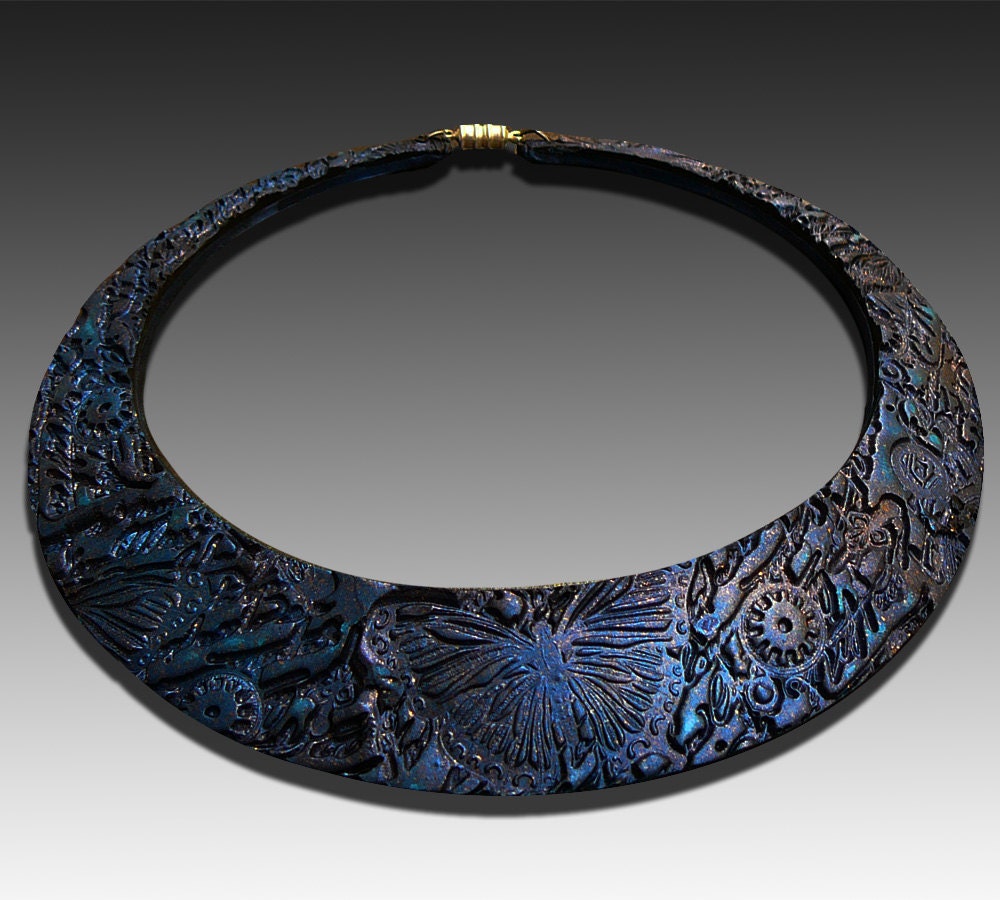 Graphite polymer clay bib necklace