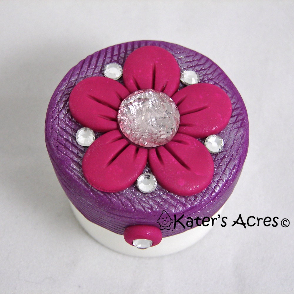 Fuchsia FLOWER Carmex Polymer Clay Topper - Violet Purple & Fuchsia with Glass Crystals