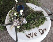 Rustic wedding Ring bearer moss heart pillow, rustic, wood, shabby, peacock feather, ribbon, berry, We Do, decoration