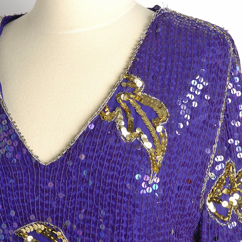 Vintage 1980s Indian Silk ROYAL Purple Gold Sequined Dress (M/L)