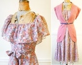 Vintage 1970s SWEET TEA Pastel Floral Off The Shoulder Dress s/m