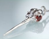 Hummingbird Skull Necklace  in Sterling red garnet eyes on silver chain Bird Skull Jewelry Made in NYC by Blue Bayer Design