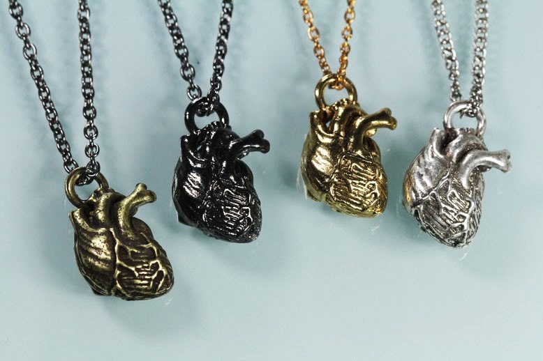 Little Black Anatomical Heart Necklace (Plated in jet-black gunmetal, 18" black chain, Made in NYC)