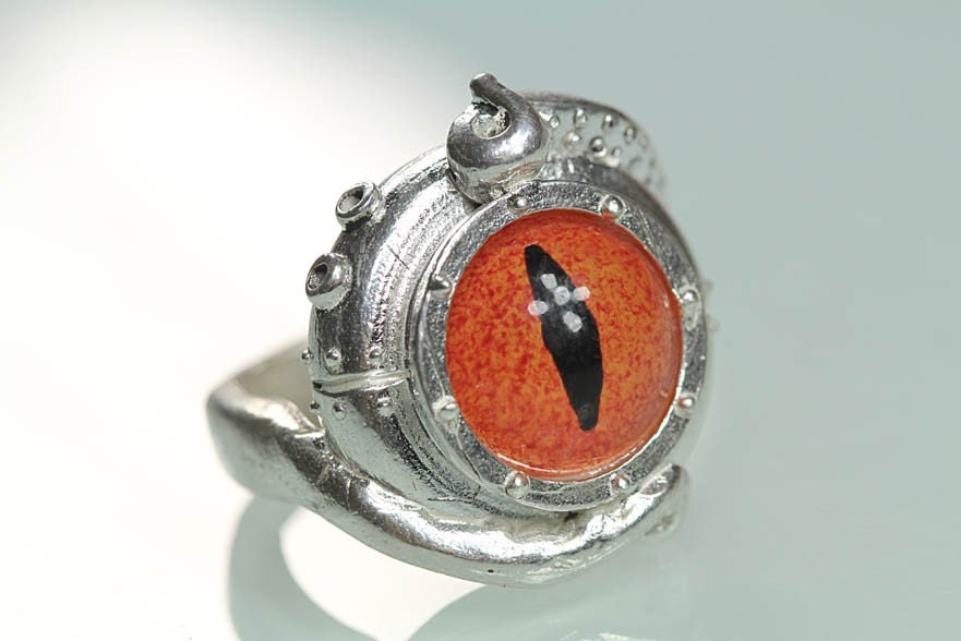 Evil Eye Sterling Tentacle Ring, Orange Dragon Eye (made in NYC) sizes 4-11