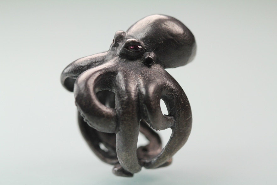 Octopus ring Sterling black silver red ruby eyes sized 7 to 11 original design carved cast and finished in NYC