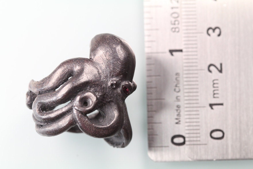 Octopus ring Sterling black silver red ruby eyes sized 7 to 11 original design carved cast and finished in NYC