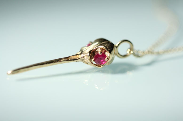 14k Solid Gold Hummingbird Skull faceted red garnet gemstone eyes from Blue Bayer Design NYC Fine Bird Skull Jewelry