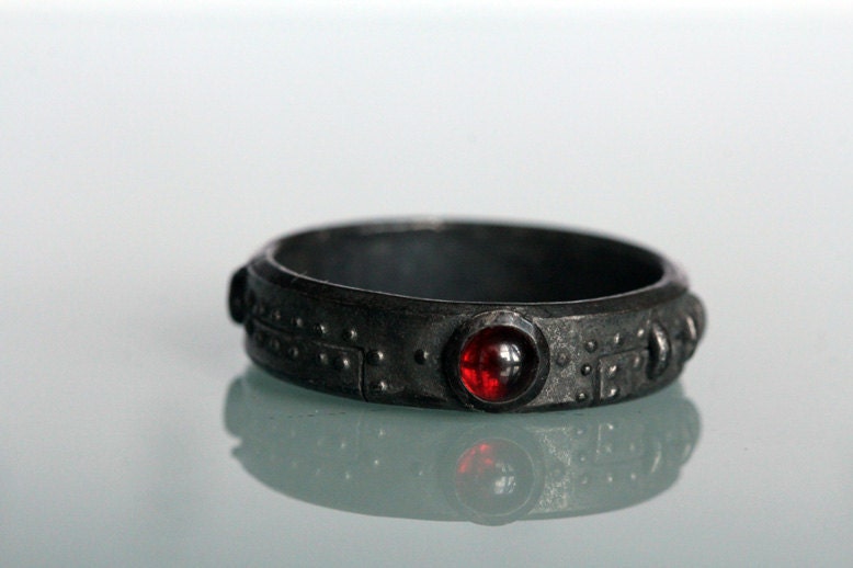 Steampunk wedding set Black Sterling Silver diamond red garnet pink tourmaline settings