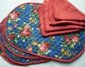 Placemats and Napkins Set -  Blue and Orange Floral Print called TUILLIERS with Orange Leaf Print, Set of Four Reversible and Prequilted