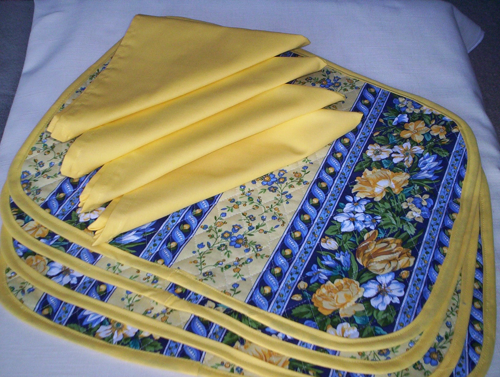 Placemats - Yellow and Blue Floral Reversible Placemats with Yellow Napkins
