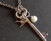 Raven,Necklace,Silver Necklace, Key,Silver Bird, Antique Necklace,Sparrow,Raven,Fall. Handmade Jewelry by valleygirldesigns on Etsy.