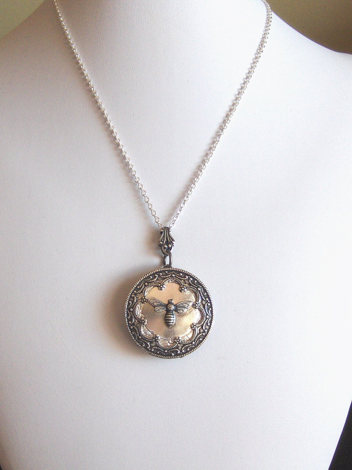 Queen Bee Silver Locket. Antiqued Silver,Charm,Wings,Honey,Mother. Handmade jewelery by valleygirldesigns on Etsy.
