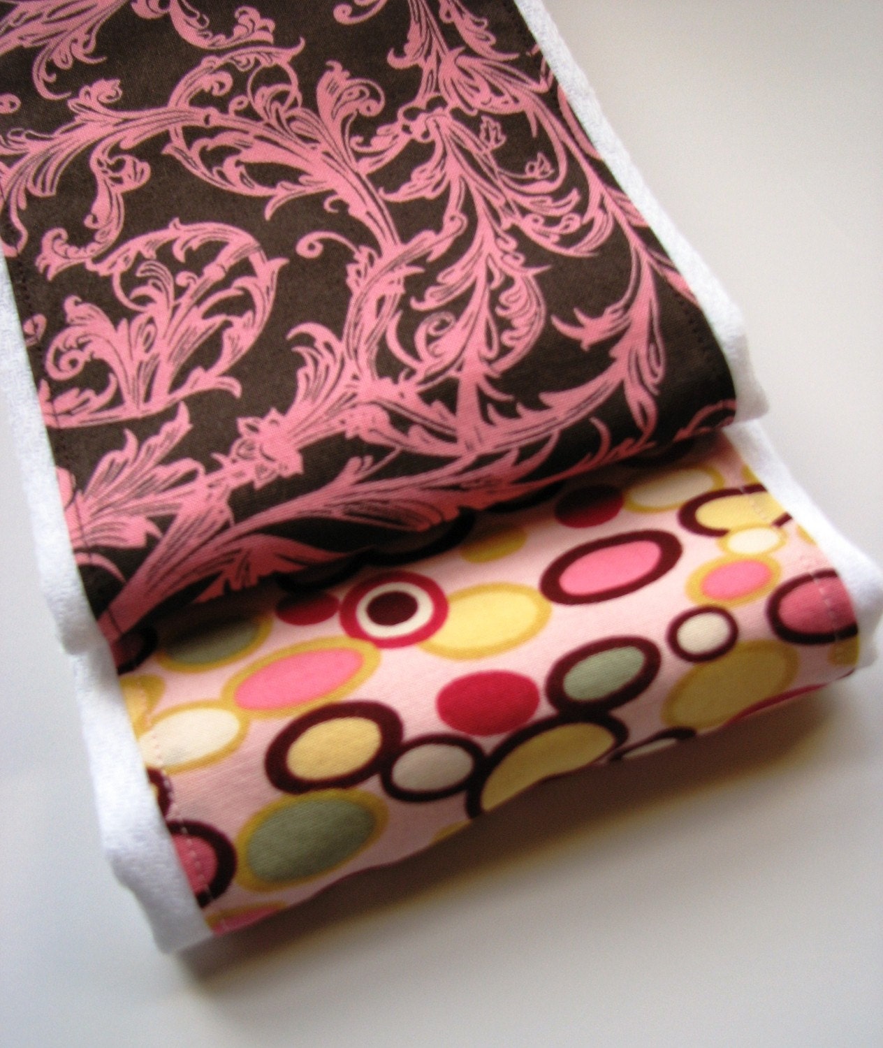 Baby Burp Cloths in Chocolate Brown and Pink Damask, Alexander Henry Bangle Dots, Set of 2 Baby Girl Burp Rags in Cirlces and Damask