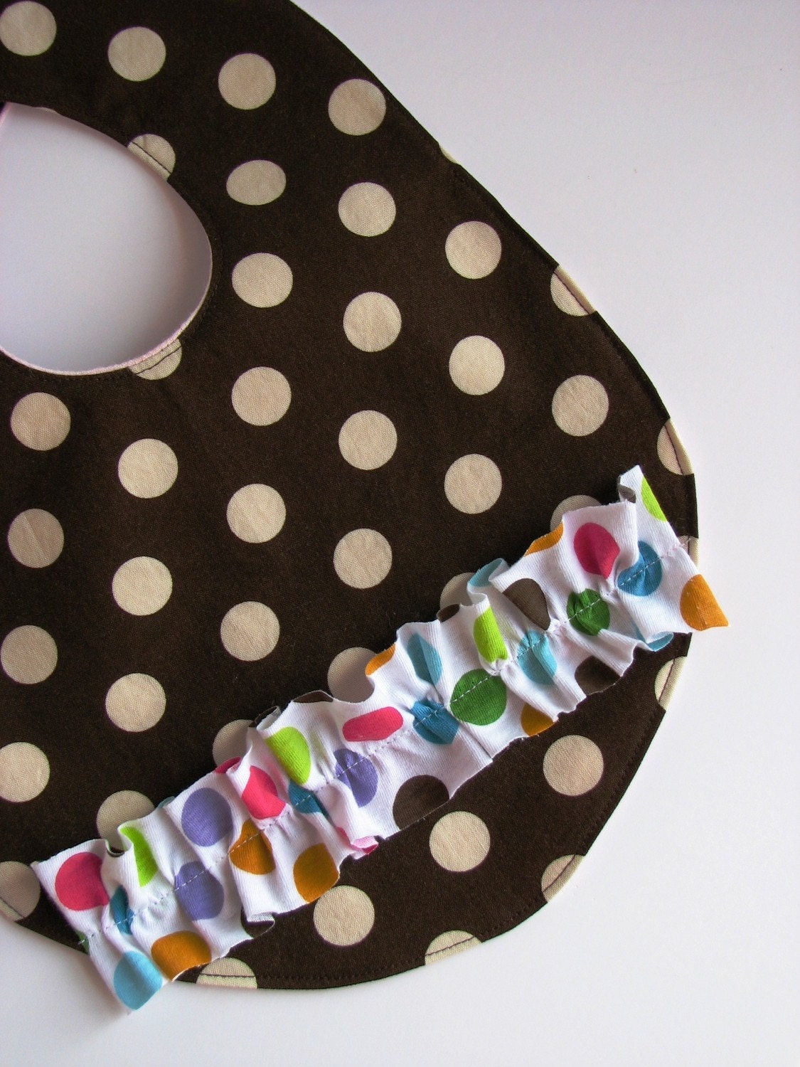 Baby Bib with Ruffle in Chocolate Brown and Cream Dots, Handmade Ruffled Baby Girl Bib with Brown, Pink, and Green Polka Dots