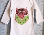 Baby Bodysuit with Owl, Baby Girl Hootie Bodysuit in Pink, Brown, Green Dots, Damask and Floral, size 3-6 months, Hoot