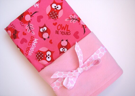 Baby Swaddle Blanket in Pink and Red Owls Flannel by LeytonSmiles