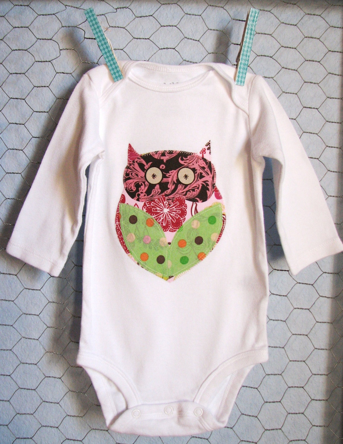 Baby Bodysuit with Owl, Baby Girl Hootie Bodysuit in Pink, Brown, Green Dots, Damask and Floral, size 3-6 months, Hoot