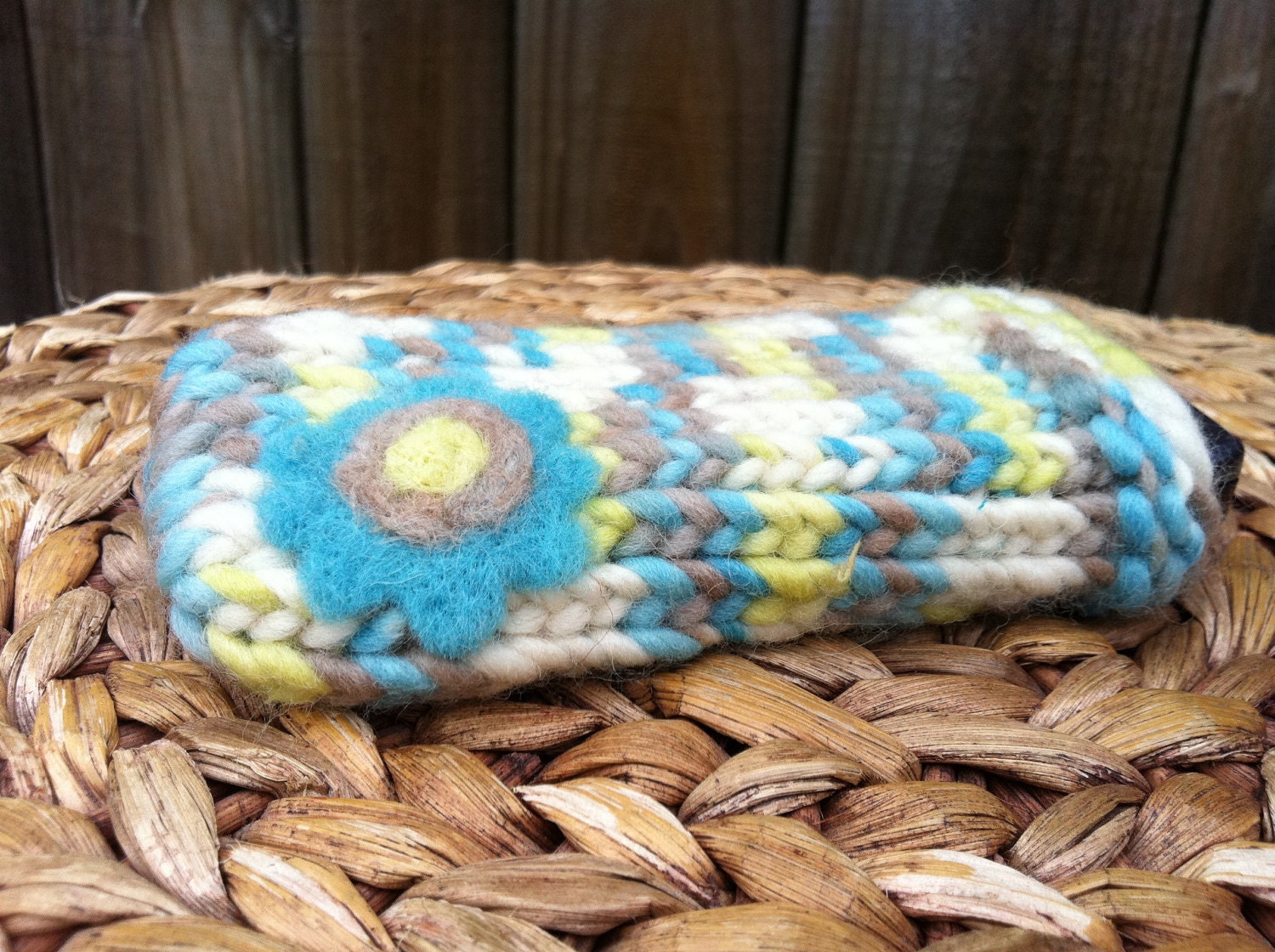 Knitted Cell Phone Case/Cover Turquoise, Yellow/Green, Gray and Cream