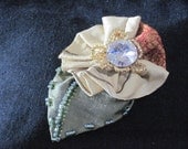Handmade Flower Brooch - Embroidered and beaded silk with vintage rhinestone button
