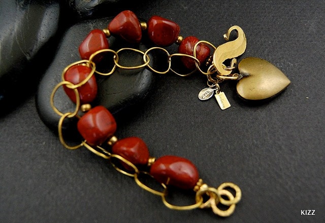 Red Jasper and Brass Chain Bracelet With Heart Locket