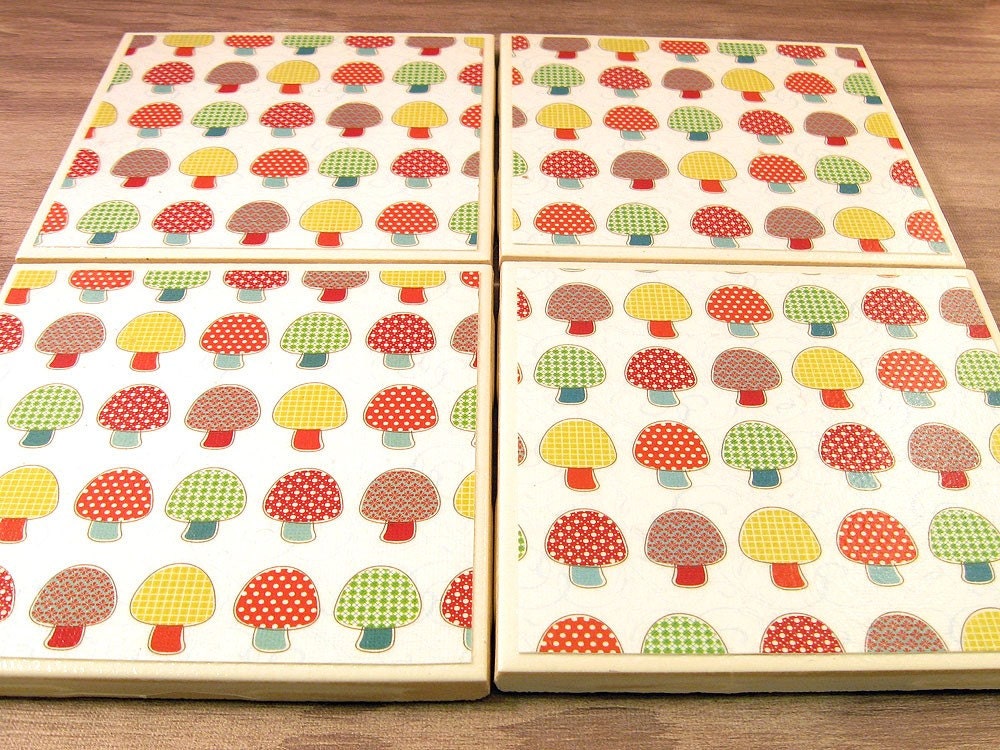 Handmade Coasters Set of Four - Mushrooms