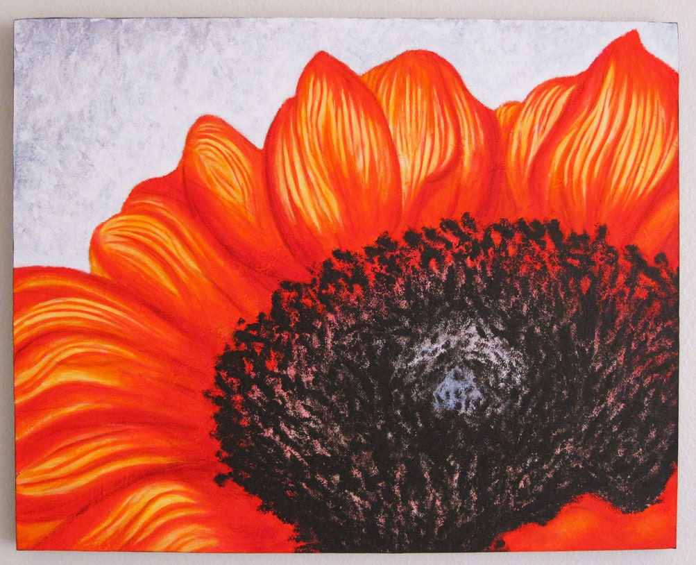 Sunflower Painting Original Bright Orange Artwork in Fluorescent Orange yellow red brown blue white on 24x30 inch canvas