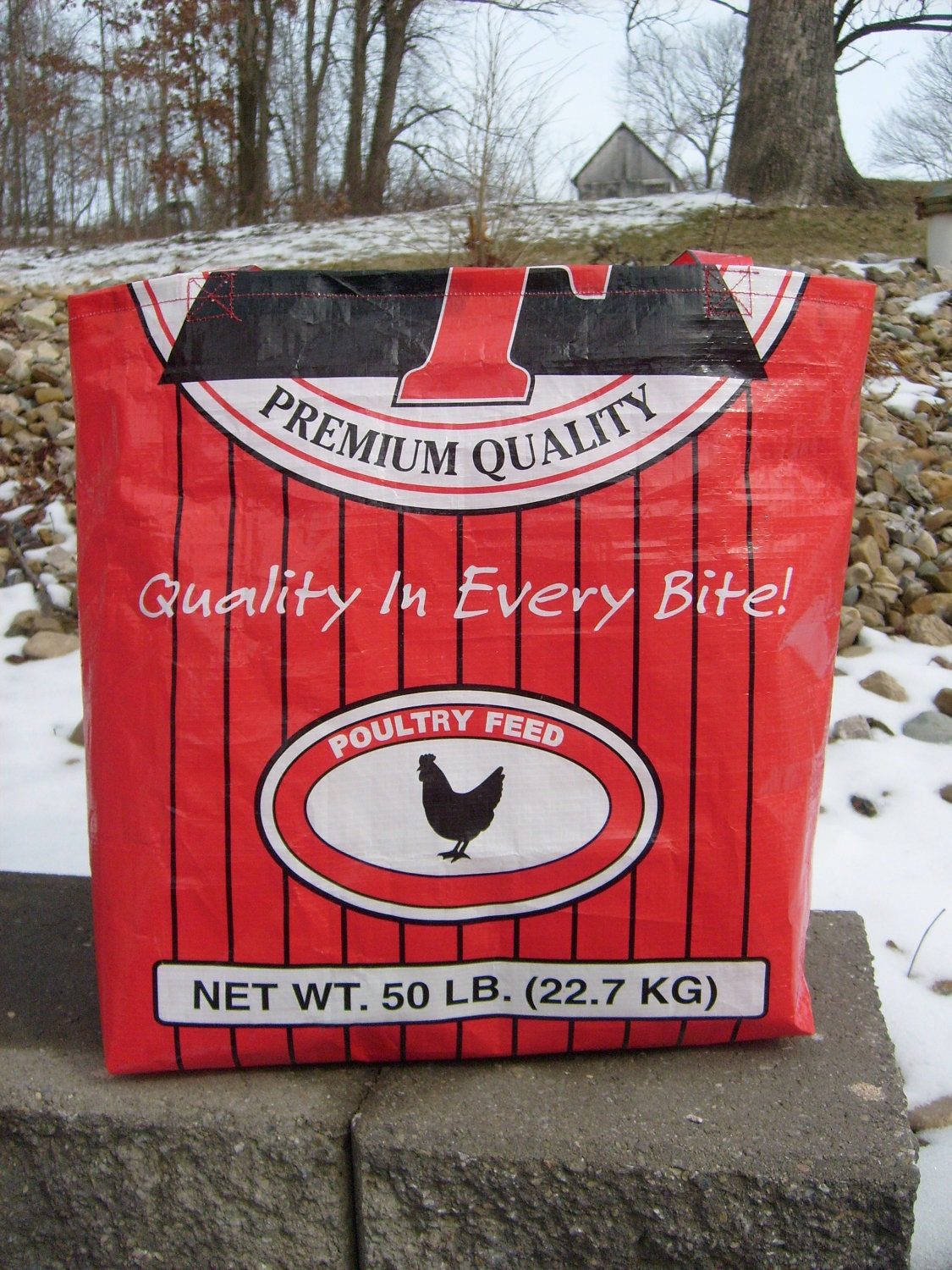 Recycled Feed Sack Chicken Food  Red Reusable Market Bag Tote Purse