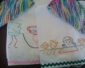 FREE SHIPPING-2 Dish Towels/2 Dish Cloths-Teapot/Dinnertime-Hand Embroidered and Hand Knitted