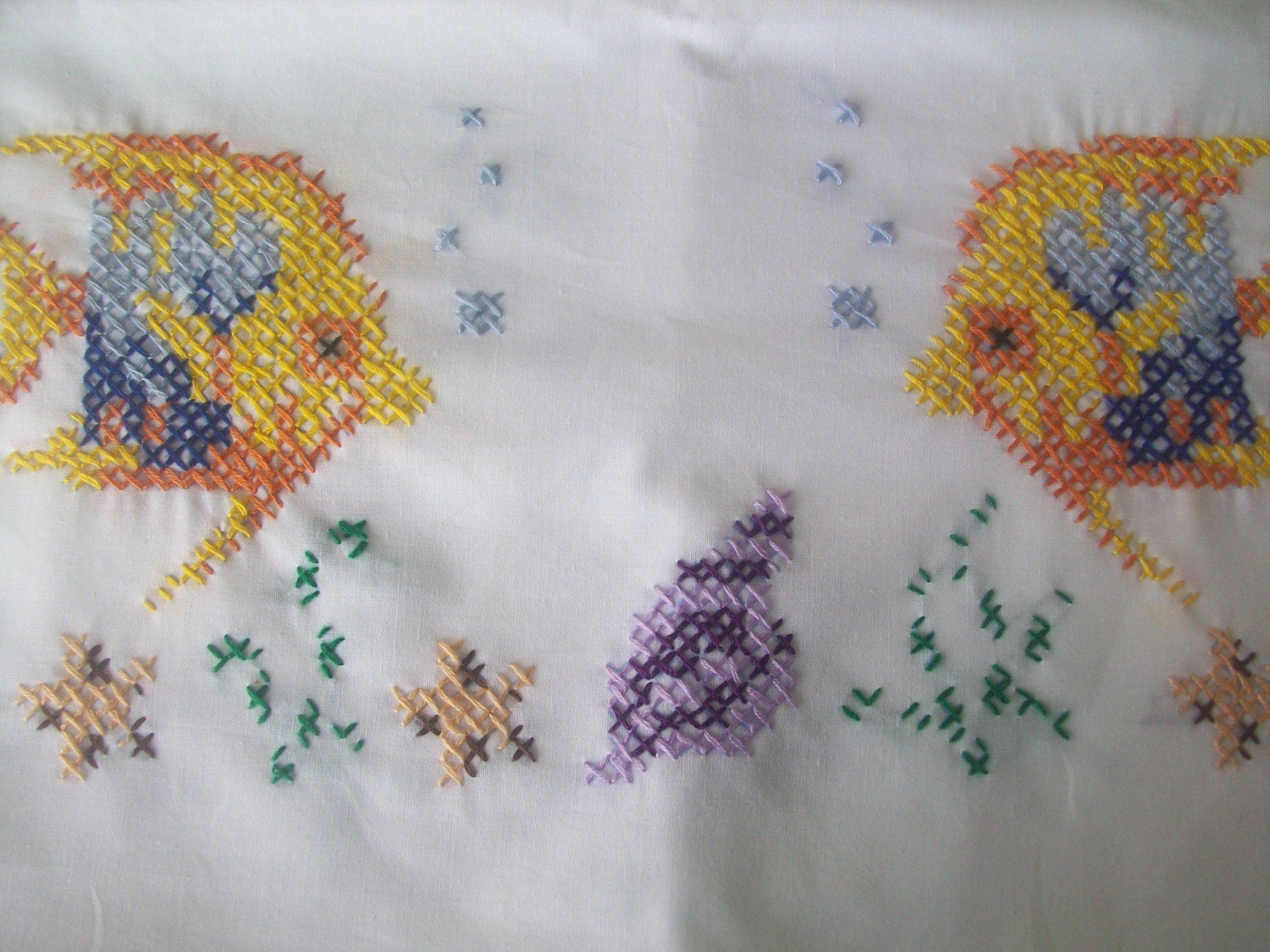 FREE Shipping-Standard Sized Pillowcases-Set-Hand Cross-Stitched-Fish