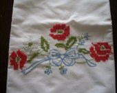 FREE Shipping-Standard Size Pillowcases-Set-Hand Cross-Stiched and Hand Crocheted-Roses